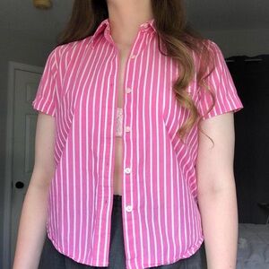 Chaps Pink and White Striped Short Sleeve Button-Up